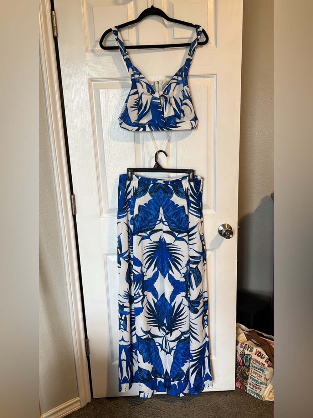 Blue and White Wide Leg Palazzo Pants - Tropical Print